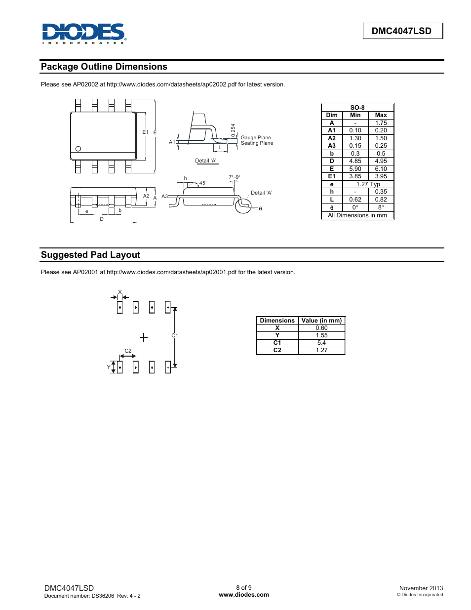 Dmc4047lsd, Package outline dimensions, Suggested pad layout | Diodes DMC4047LSD User Manual | Page 8 / 9
