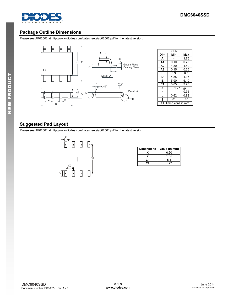Package outline dimensions, Suggested pad layout | Diodes DMC6040SSD User Manual | Page 8 / 9