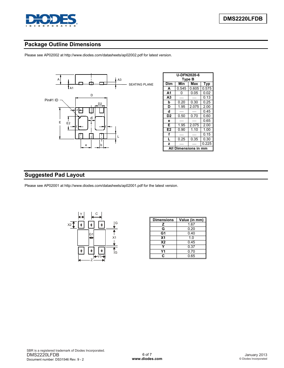 Dms2220lfdb, Package outline dimensions, Suggested pad layout | Diodes DMS2220LFDB User Manual | Page 6 / 7