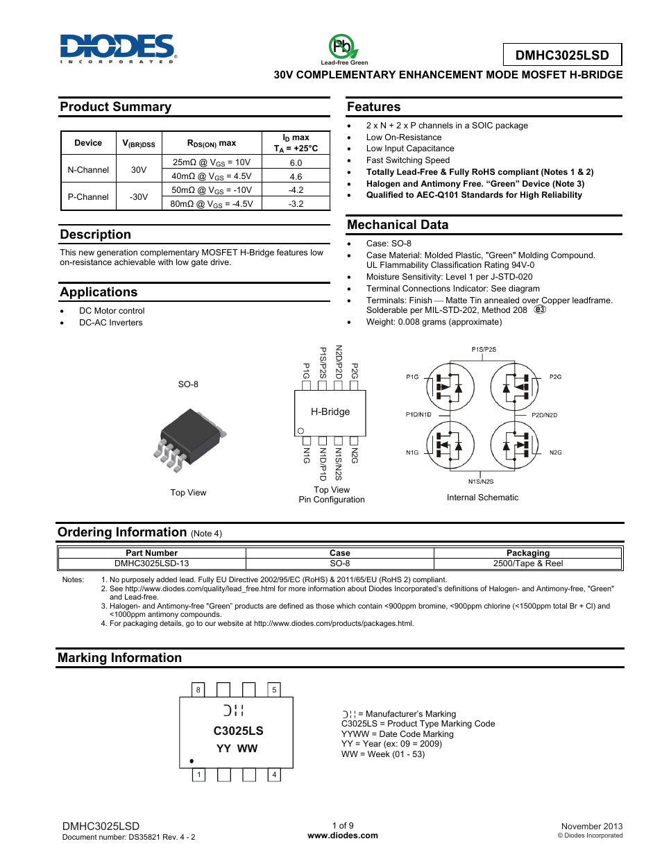 Diodes DMHC3025LSD User Manual | 9 pages