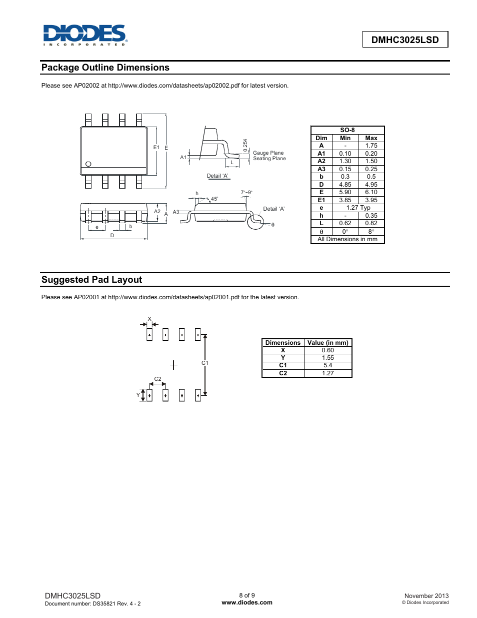 Package outline dimensions, Suggested pad layout | Diodes DMHC3025LSD User Manual | Page 8 / 9