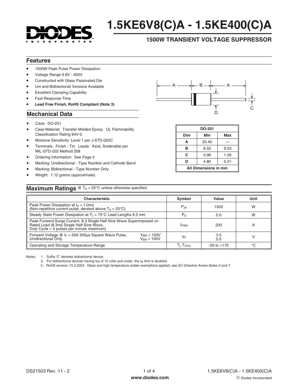 Diodes 1.5KE6V8(C)A - 1.5KE400(C)A User Manual | 4 pages
