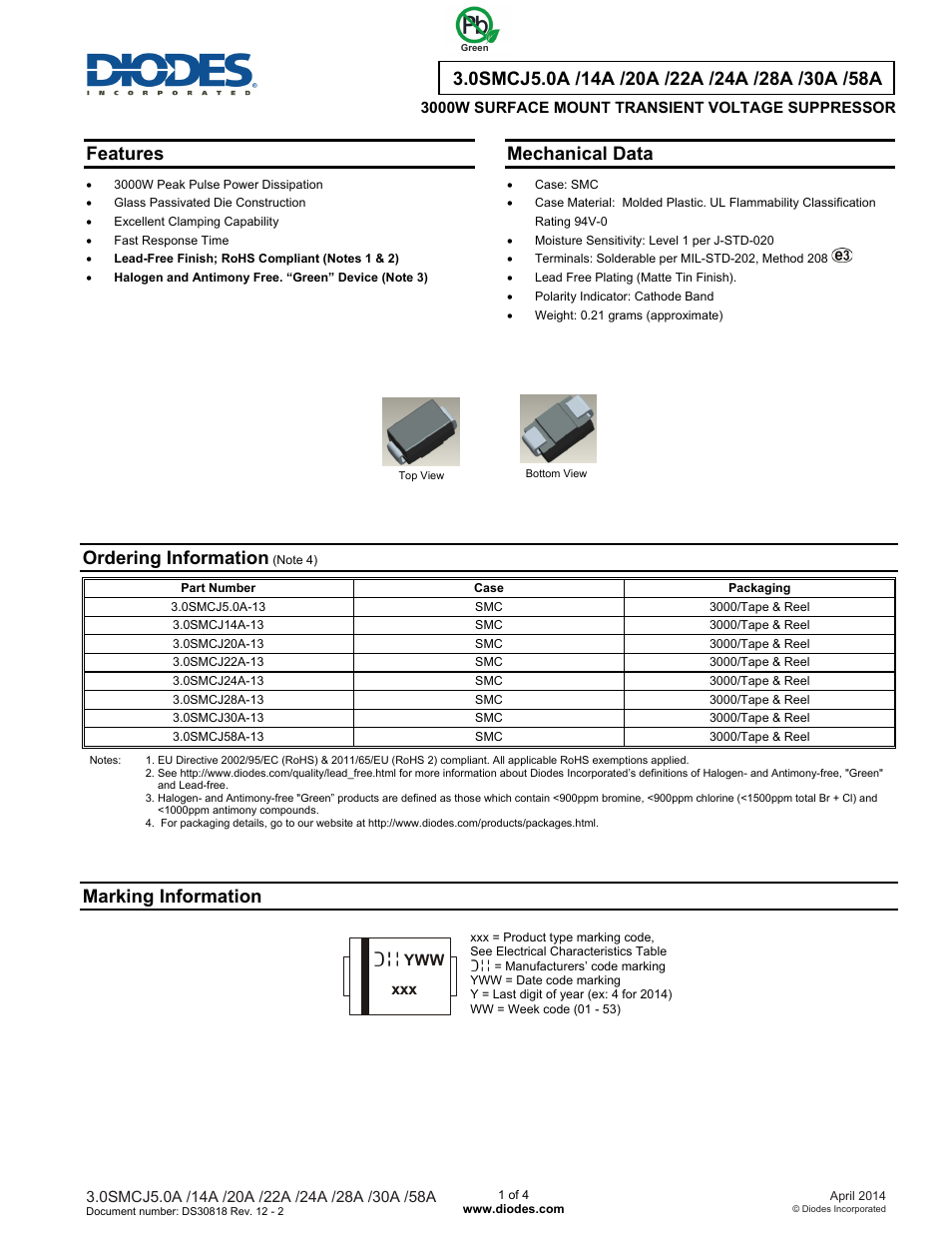 Diodes 3.0SMCJ5.0A /14A /20A /22A /24A /28A /30A /58A User Manual | 4 pages