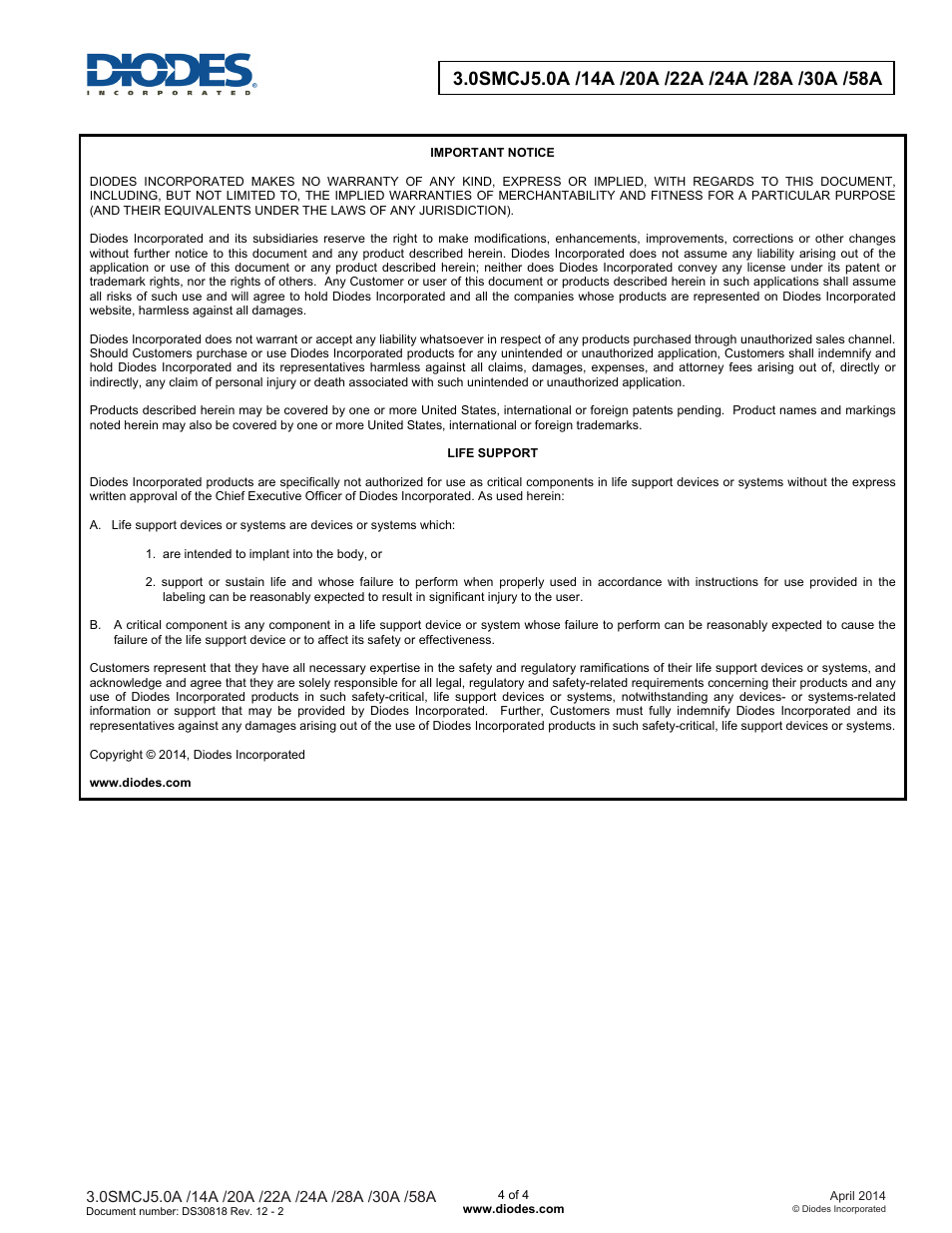Diodes 3.0SMCJ5.0A /14A /20A /22A /24A /28A /30A /58A User Manual | Page 4 / 4
