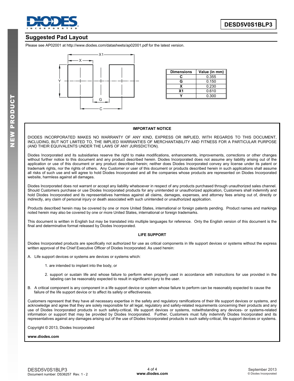 Desd5v0s1blp3 new prod uc t new prod uc t, Suggested pad layout | Diodes DESD5V0S1BLP3 User Manual | Page 4 / 4