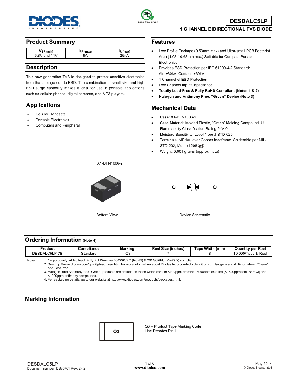 Diodes DESDALC5LP User Manual | 6 pages