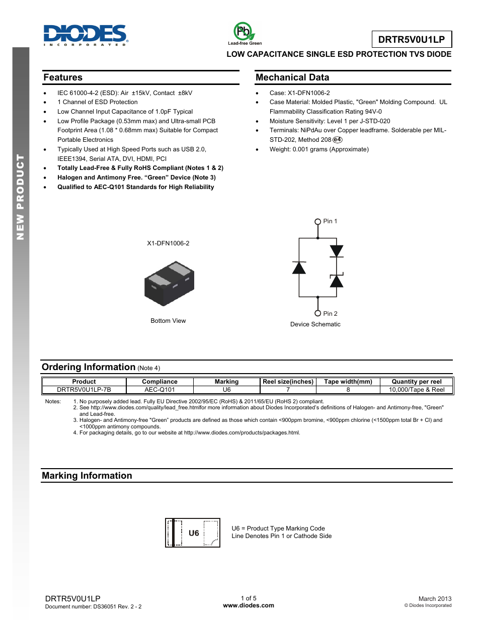 Diodes DRTR5V0U1LP User Manual | 5 pages