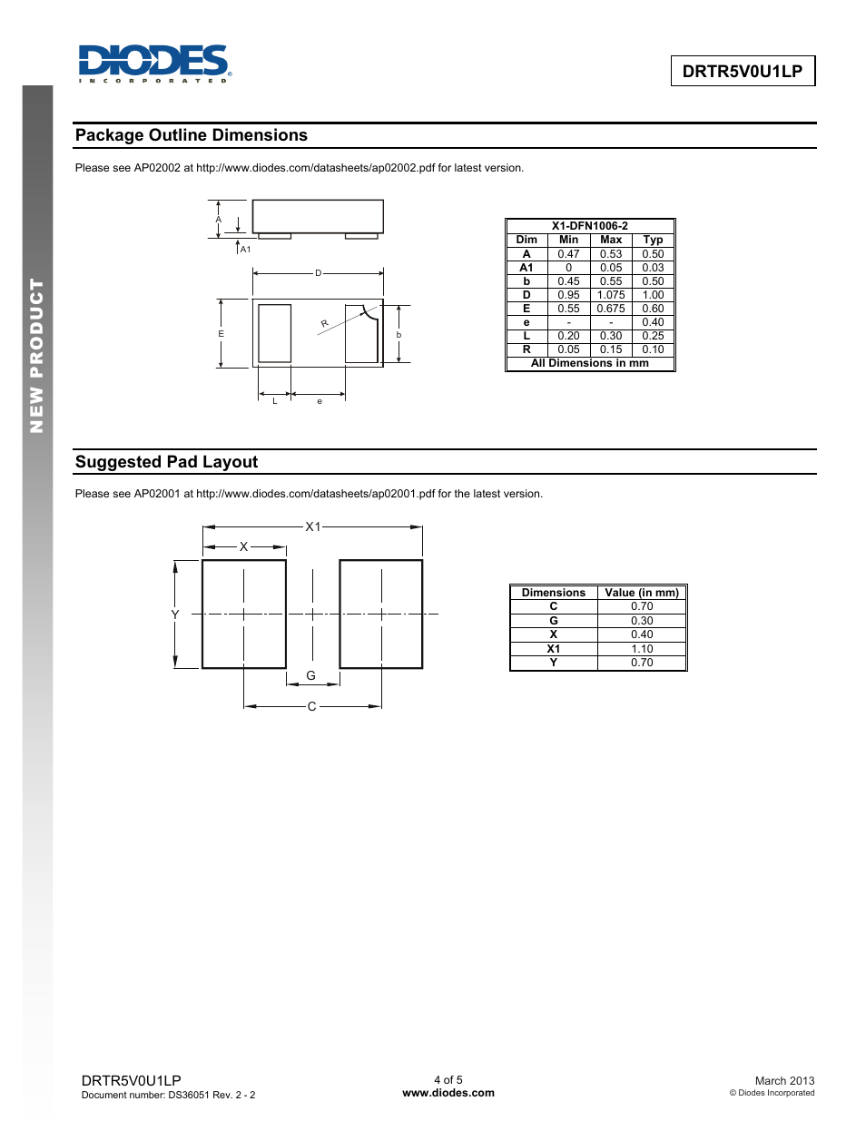 Drtr5v0u1lp new prod uc t, Package outline dimensions, Suggested pad layout | Diodes DRTR5V0U1LP User Manual | Page 4 / 5
