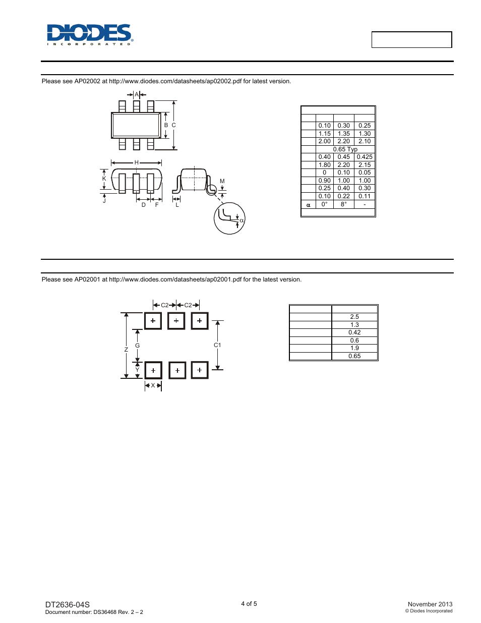 Package outline dimensions, Suggested pad layout | Diodes DT2636-04S User Manual | Page 4 / 5