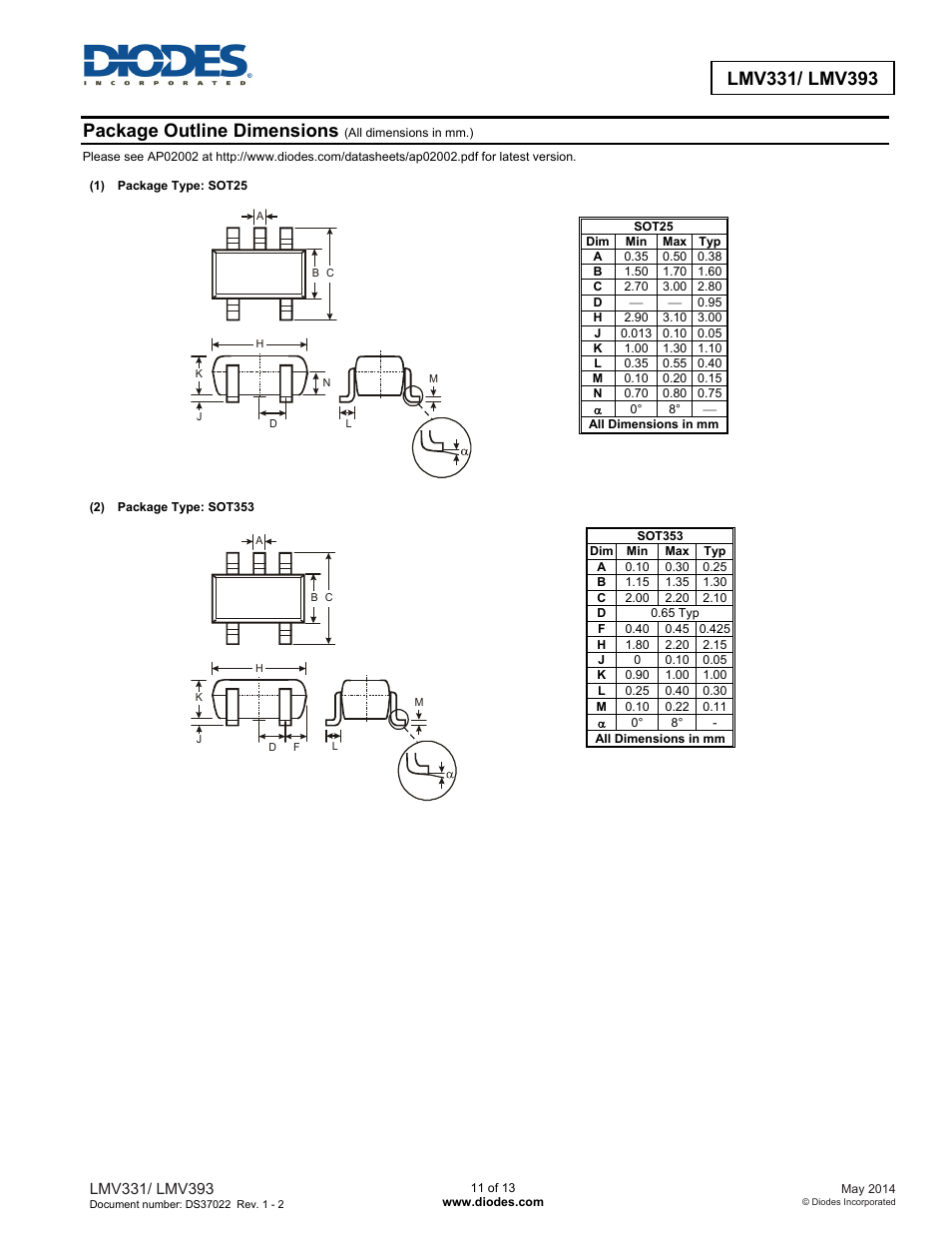Package outline dimensions | Diodes LMV393 User Manual | Page 11 / 13
