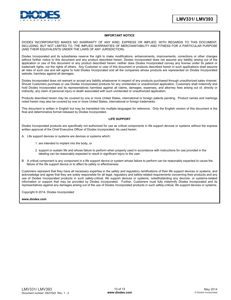 Diodes LMV393 User Manual | Page 13 / 13