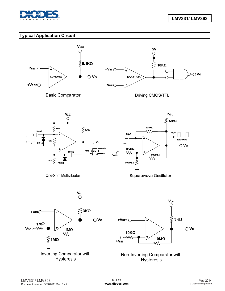 Typical application circuit, Non-inverting comparator with hysteresis | Diodes LMV393 User Manual | Page 9 / 13