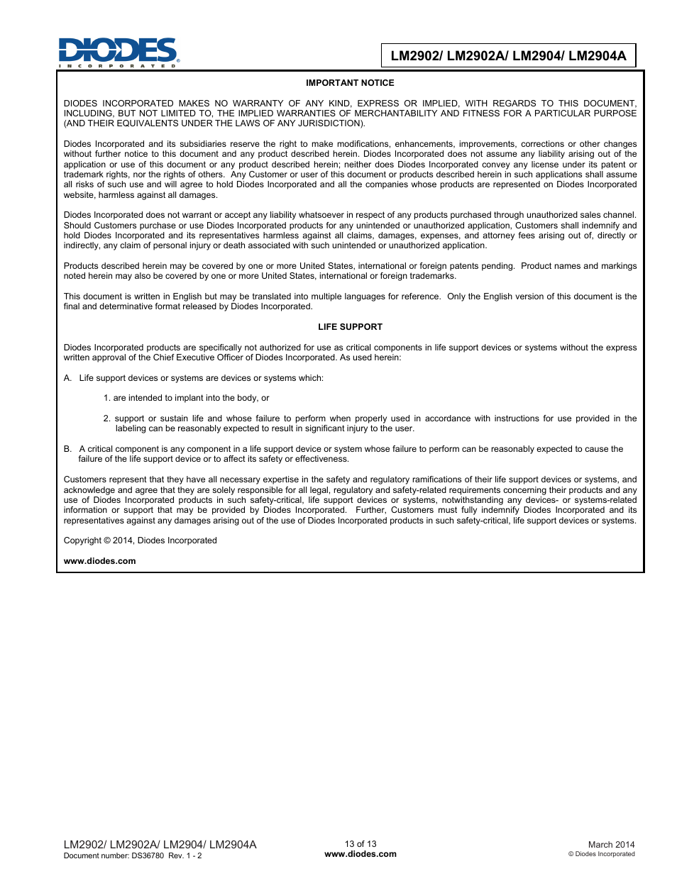 Diodes LM2902/ LM2902A/ LM2904/ LM2904A User Manual | Page 13 / 13