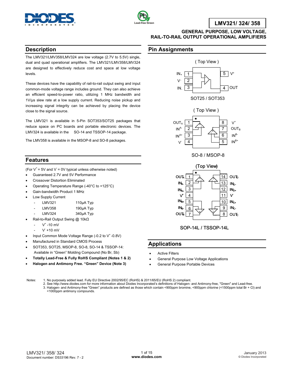 Diodes LMV321/ 324/ 358 User Manual | 15 pages