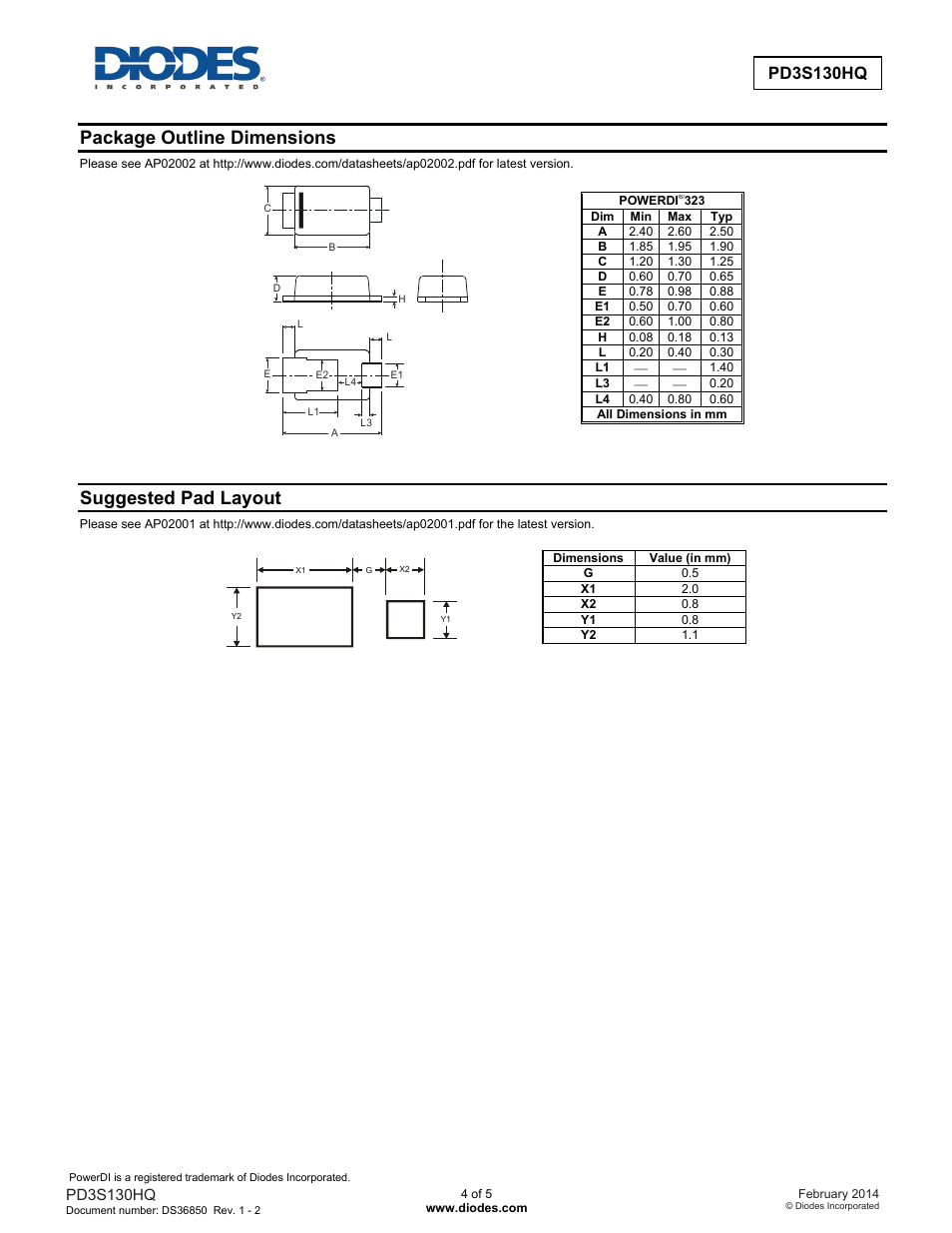 New prod uc t, Package outline dimensions, Suggested pad layout | Pd3s130hq | Diodes PD3S130HQ User Manual | Page 4 / 5