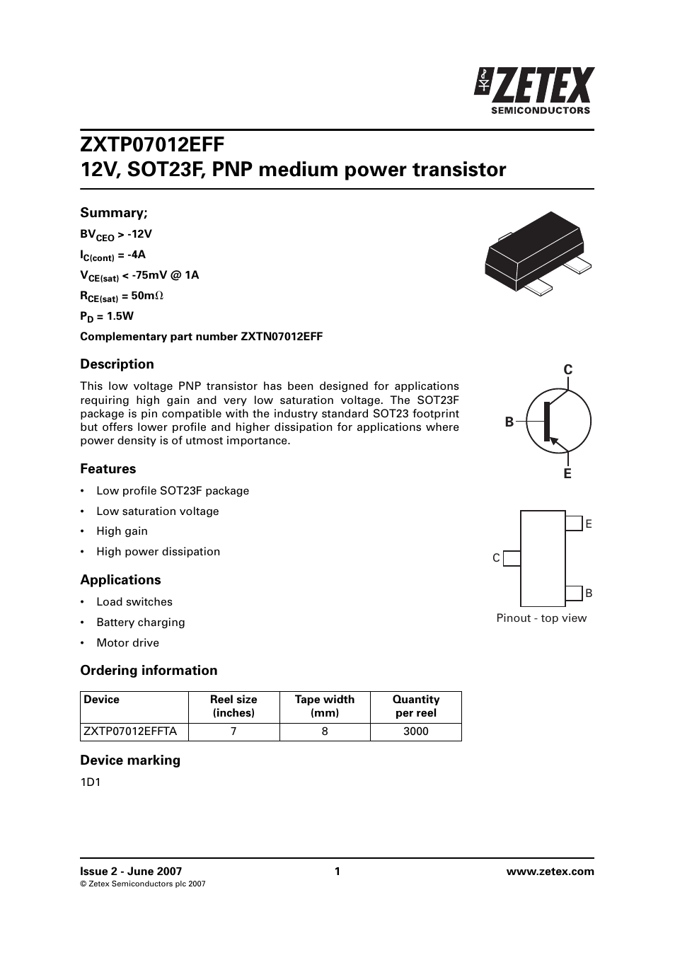 Diodes ZXTP07012EFF User Manual | 8 pages