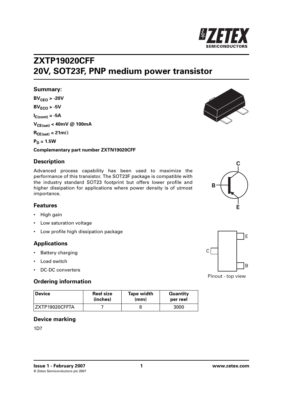 Diodes ZXTP19020CFF User Manual | 8 pages