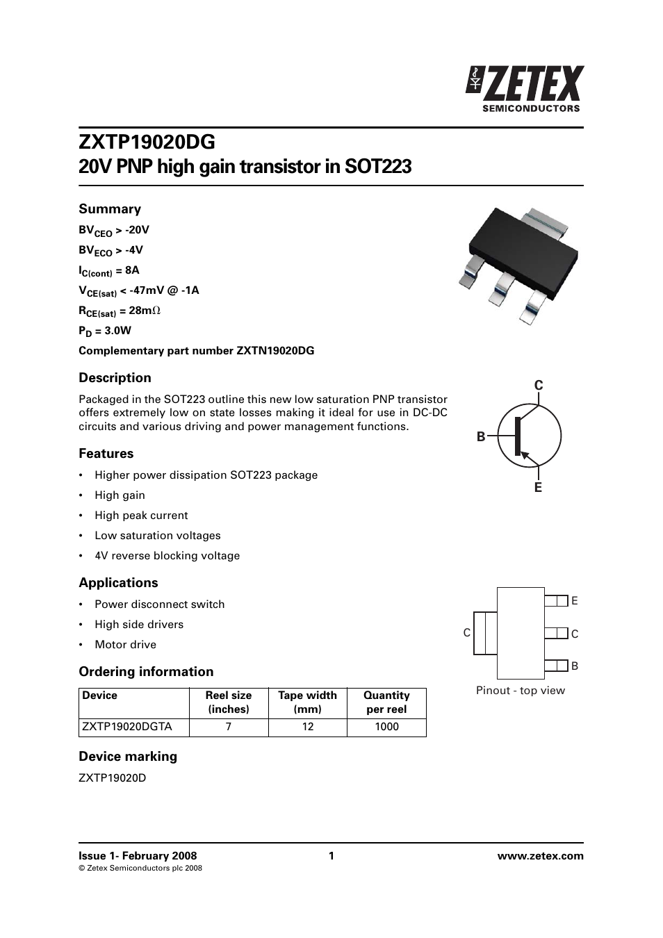 Diodes ZXTP19020DG User Manual | 8 pages