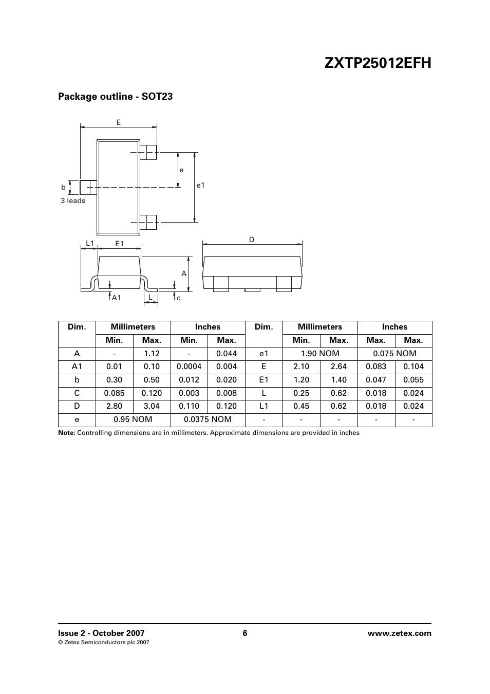 Package outline - sot23 | Diodes ZXTP25012EFH User Manual | Page 6 / 8