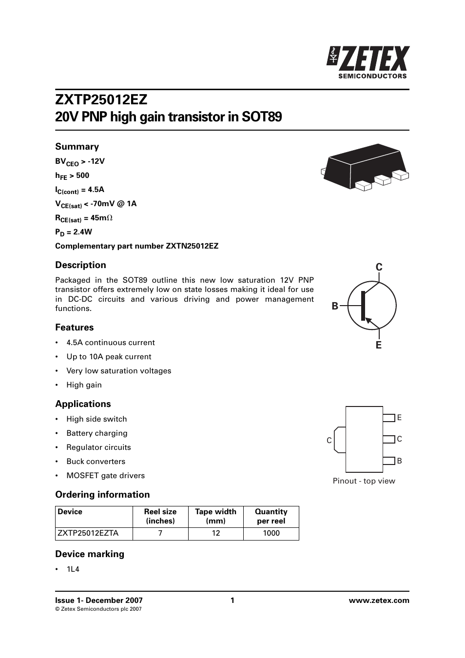 Diodes ZXTP25012EZ User Manual | 8 pages