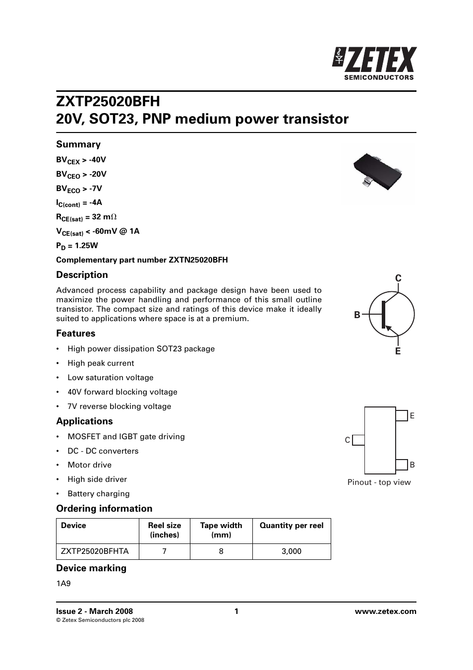 Diodes ZXTP25020BFH User Manual | 6 pages