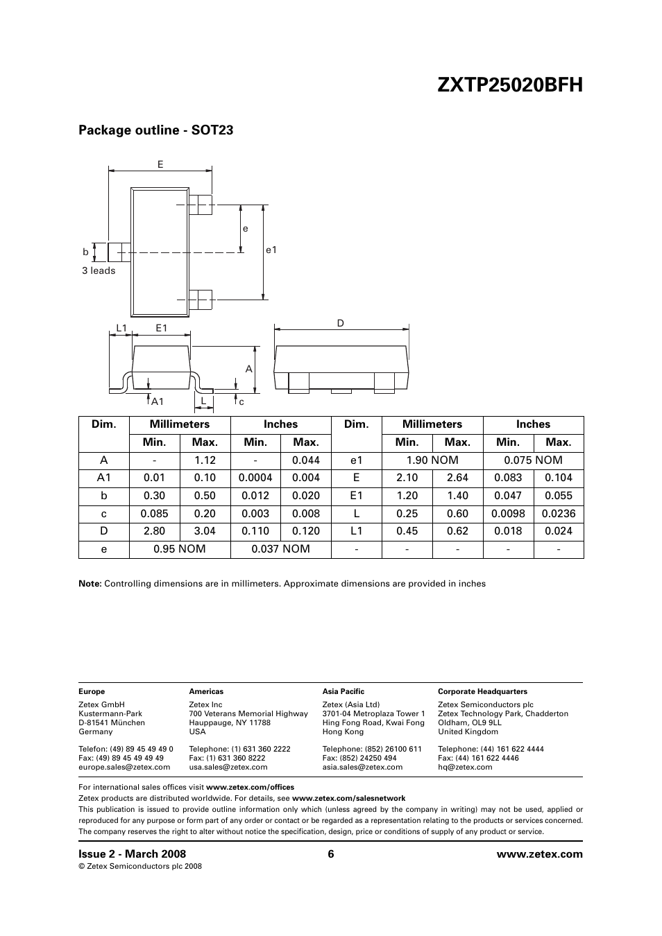 Package outline - sot23 | Diodes ZXTP25020BFH User Manual | Page 6 / 6