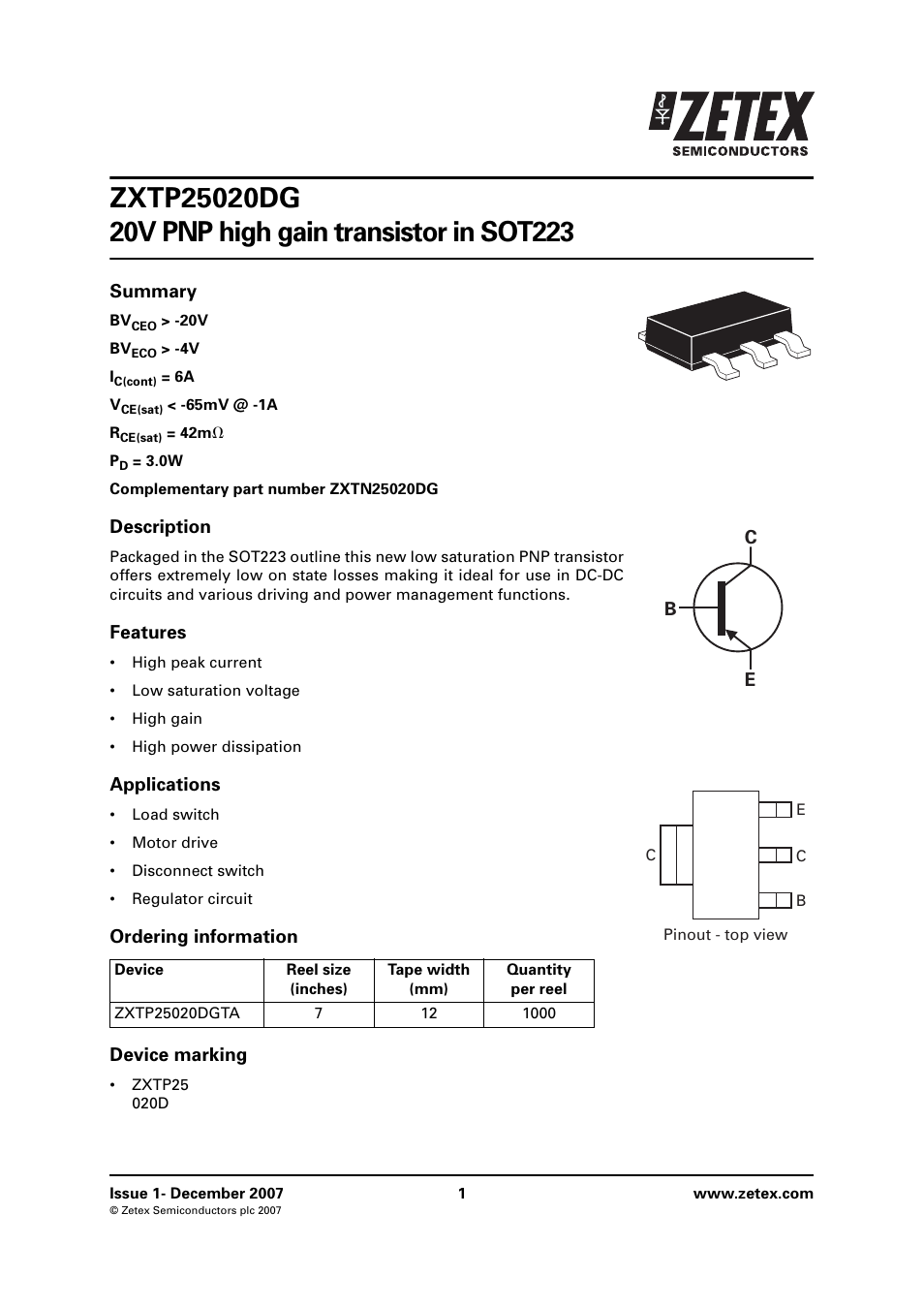 Diodes ZXTP25020DG User Manual | 8 pages