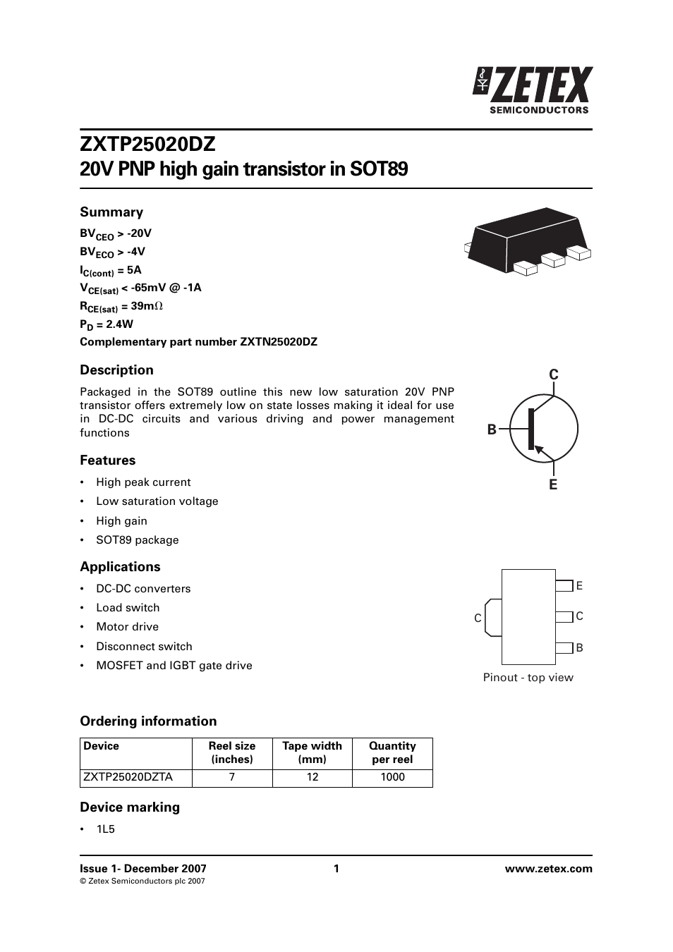 Diodes ZXTP25020DZ User Manual | 8 pages