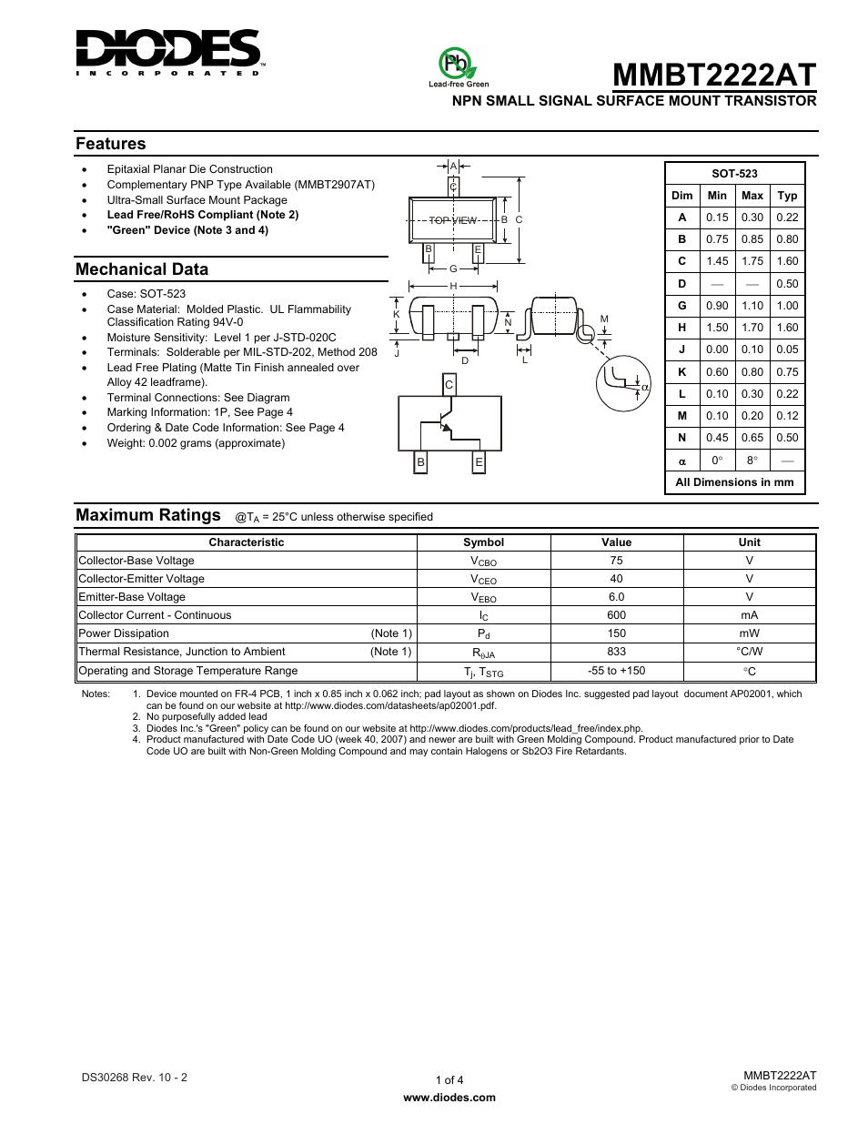 Diodes MMBT2222AT User Manual | 4 pages