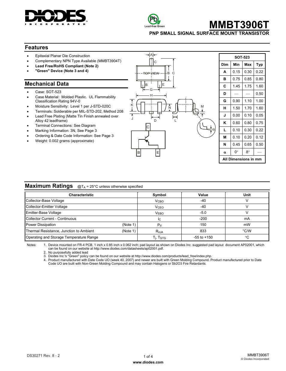 Diodes MMBT3906T User Manual | 4 pages