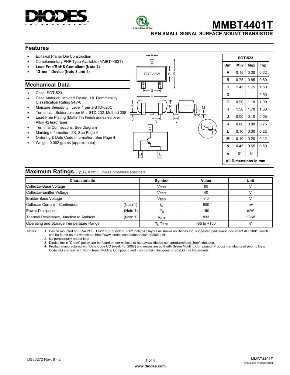 Diodes MMBT4401T User Manual | 4 pages