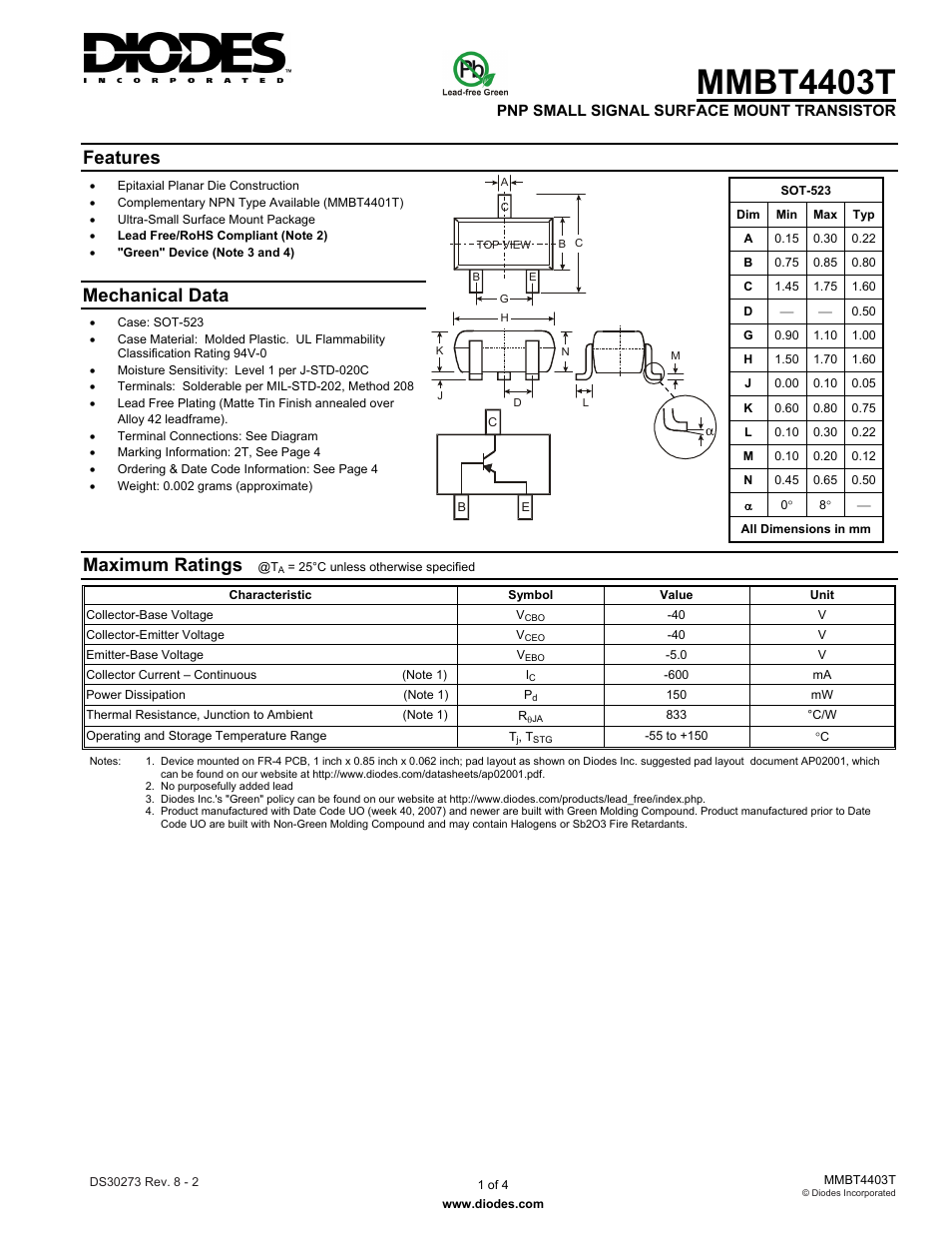 Diodes MMBT4403T User Manual | 4 pages
