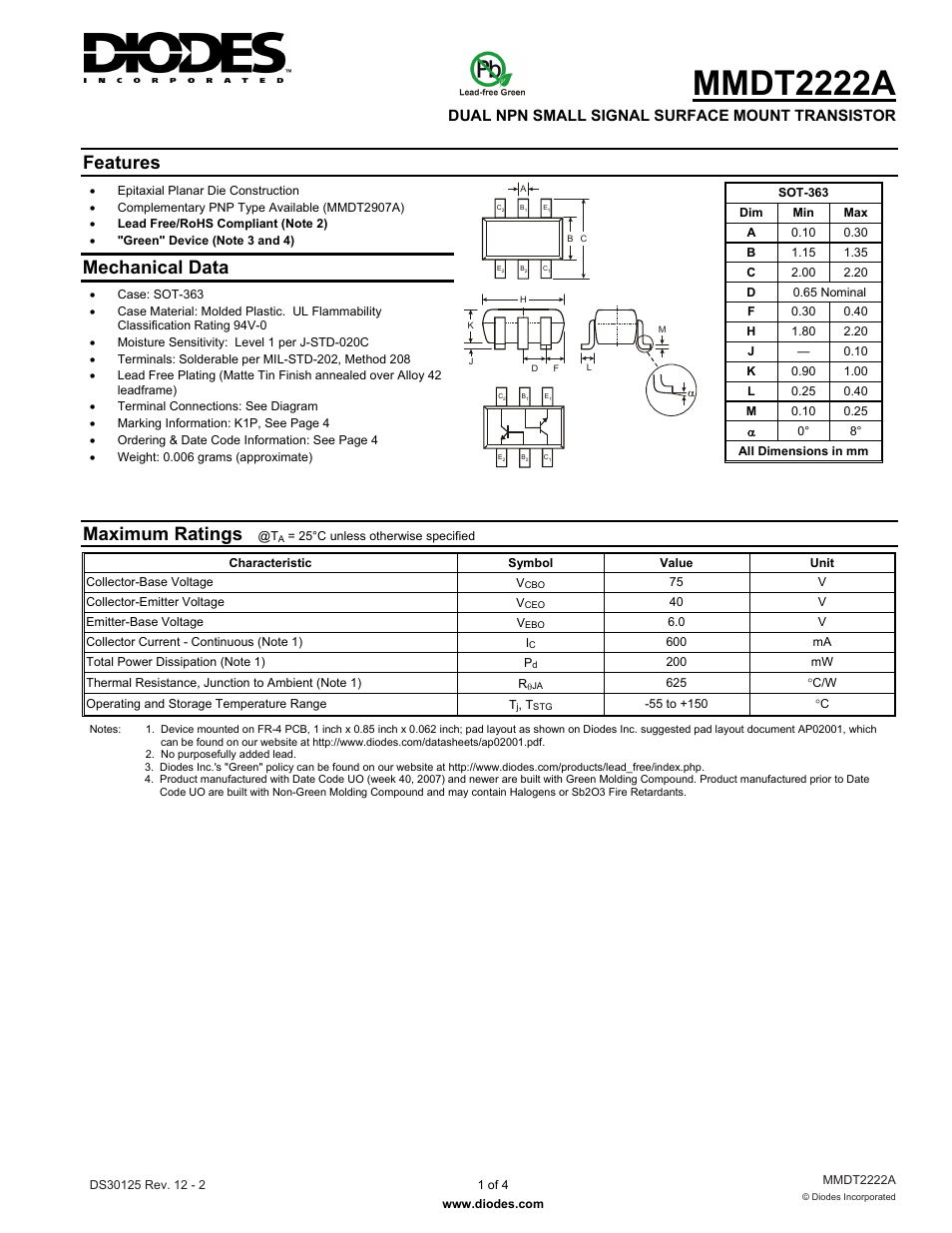 Diodes MMDT2222A User Manual | 4 pages