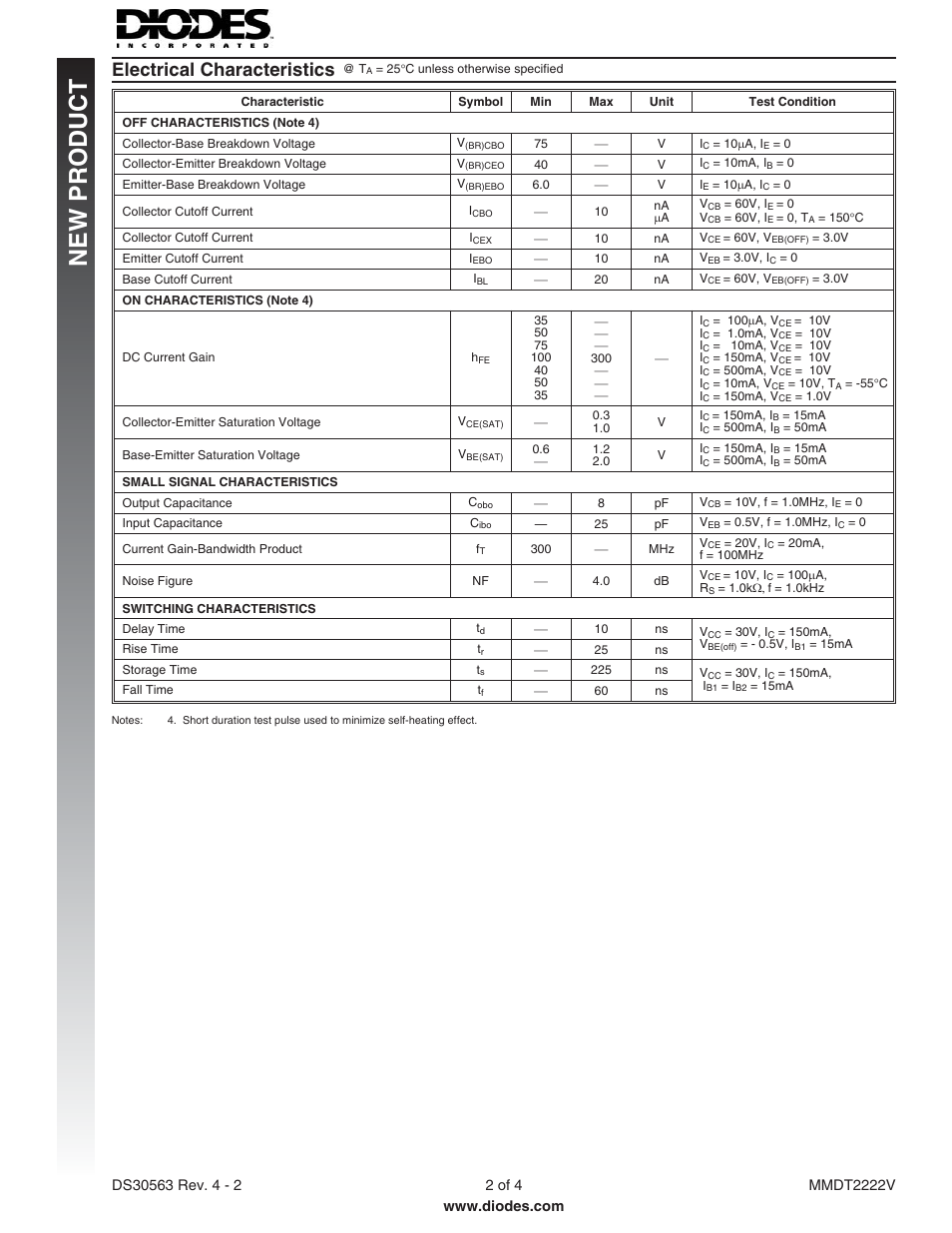 New p roduct, Electrical characteristics | Diodes MMDT2222V User Manual | Page 2 / 4