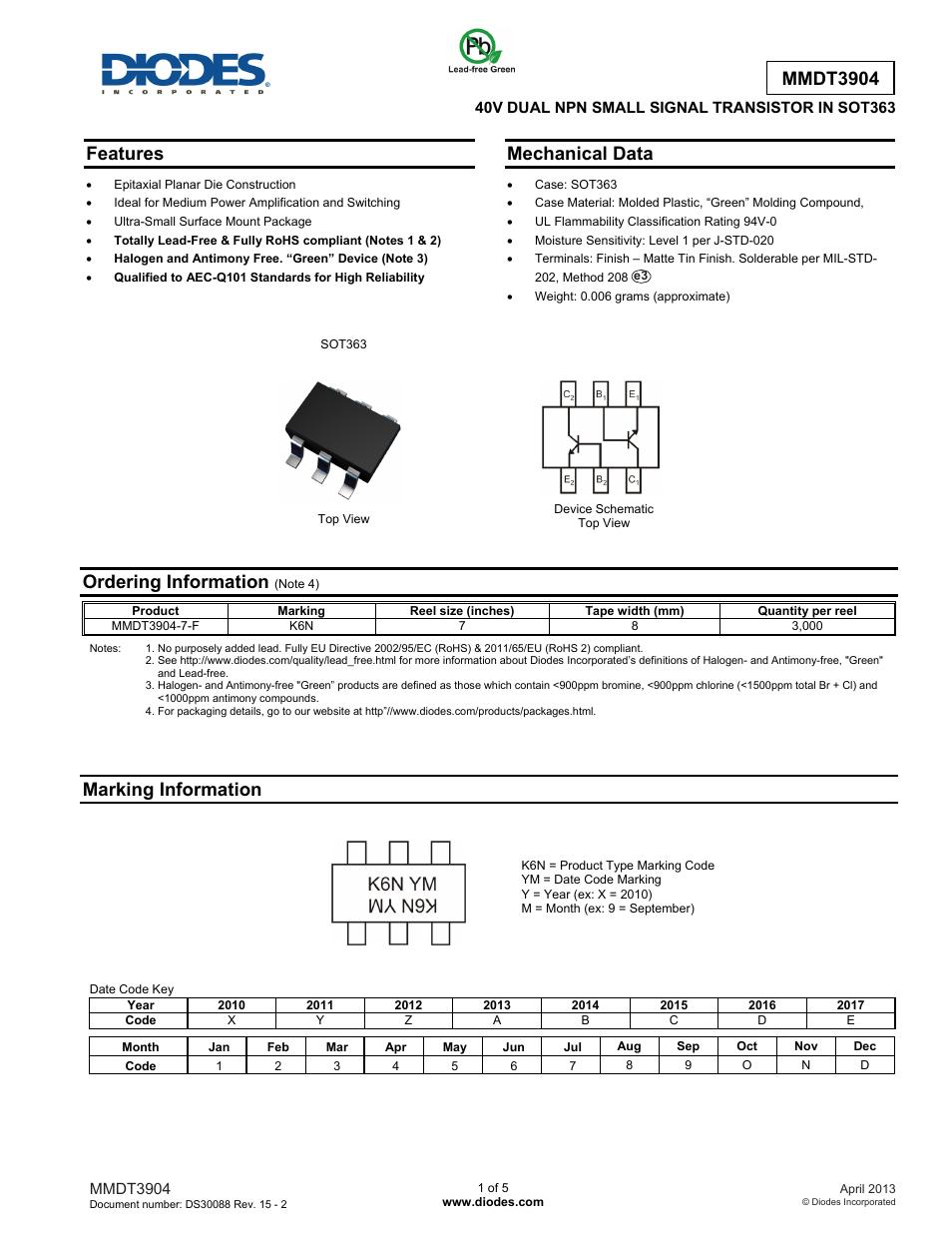 Diodes MMDT3904 User Manual | 5 pages