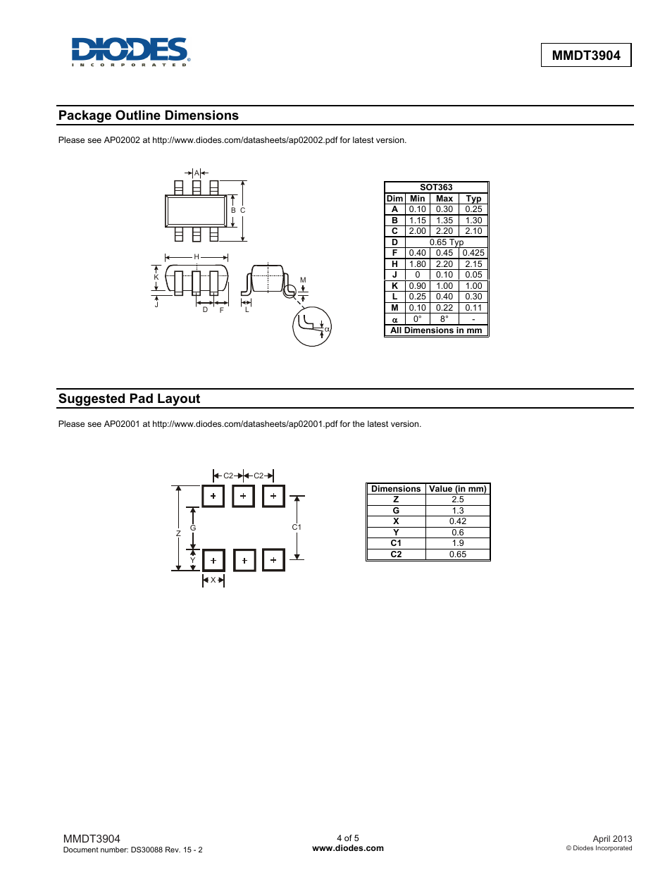 Mmdt3904, Package outline dimensions, Suggested pad layout | Diodes MMDT3904 User Manual | Page 4 / 5