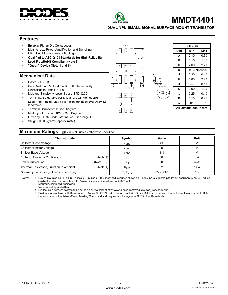 Diodes MMDT4401 User Manual | 4 pages