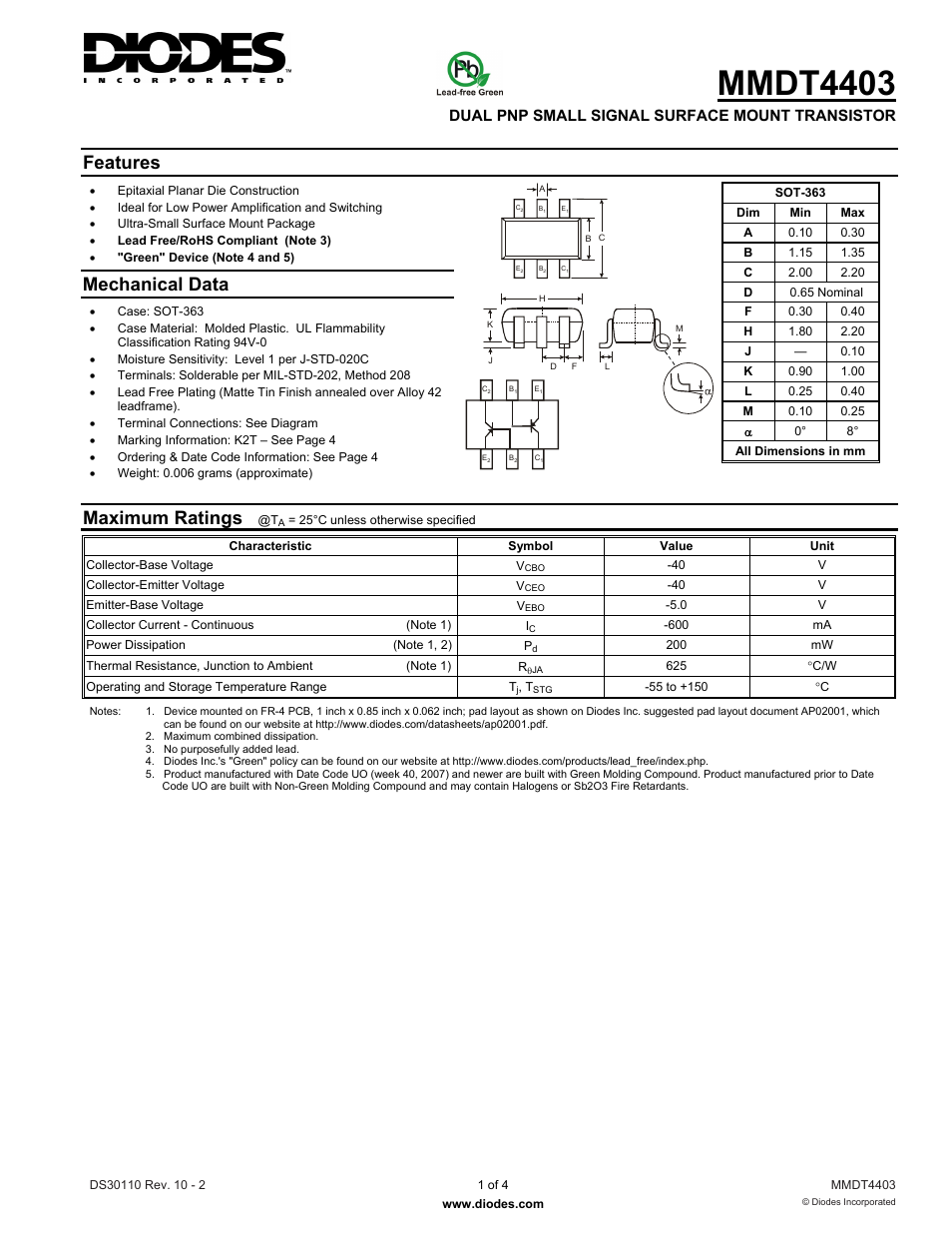 Diodes MMDT4403 User Manual | 4 pages