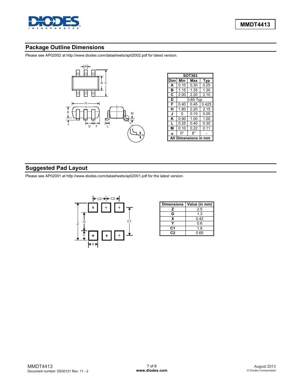 Mmdt4413, Package outline dimensions, Suggested pad layout | Diodes MMDT4413 User Manual | Page 7 / 8