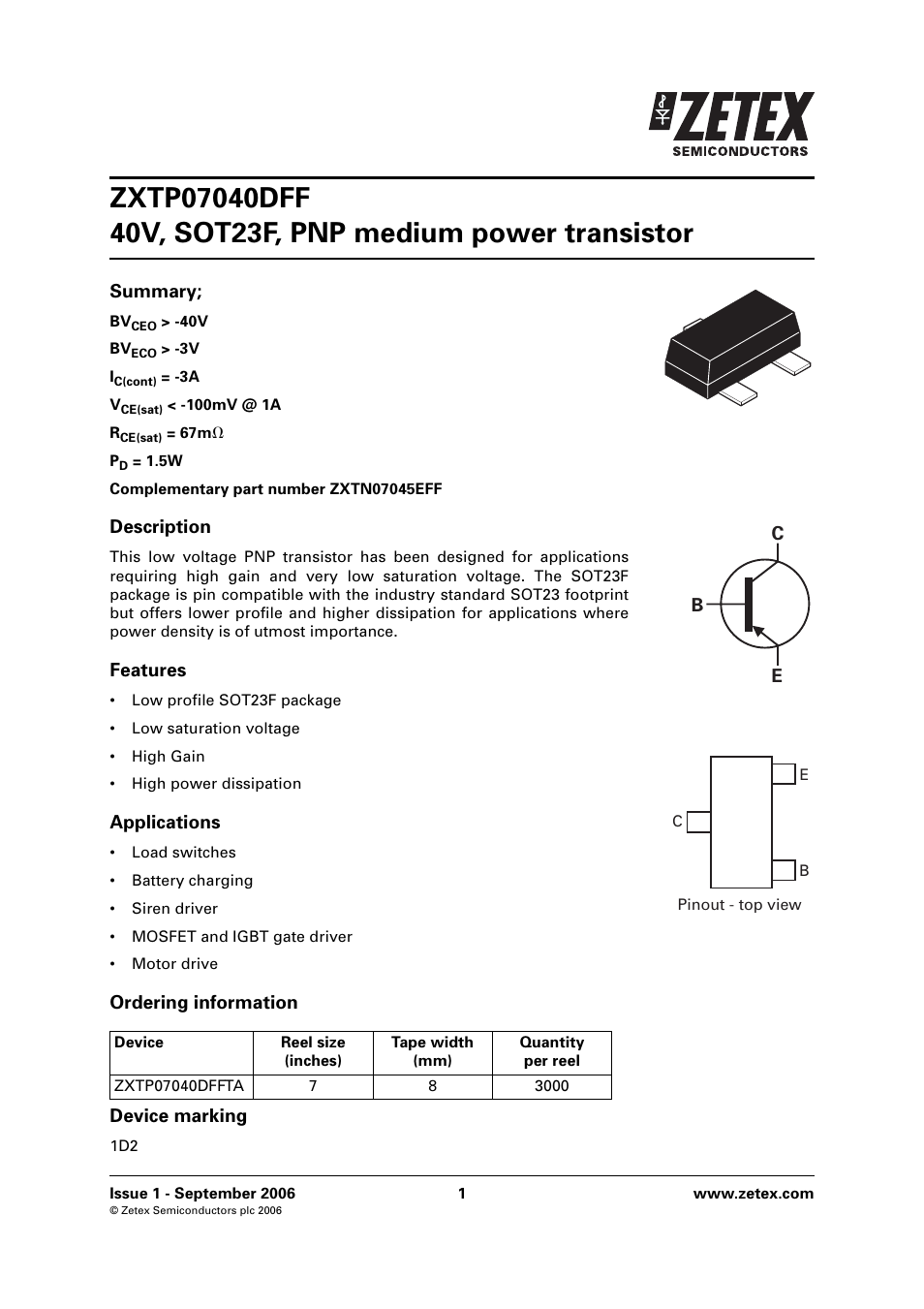 Diodes ZXTP07040DFF User Manual | 6 pages