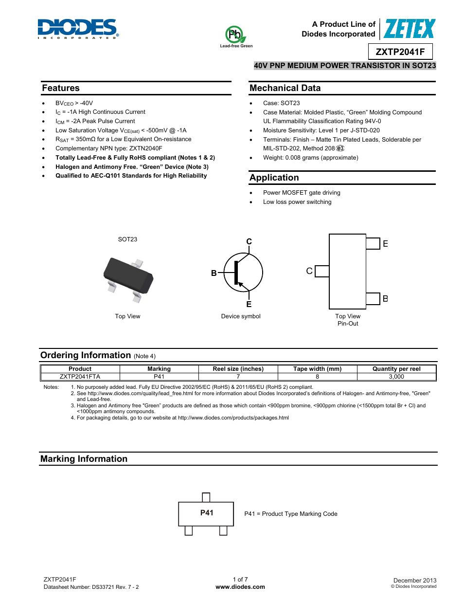 Diodes ZXTP2041F User Manual | 7 pages