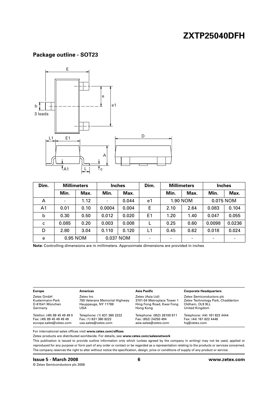 Package outline - sot23 | Diodes ZXTP25040DFH User Manual | Page 6 / 6