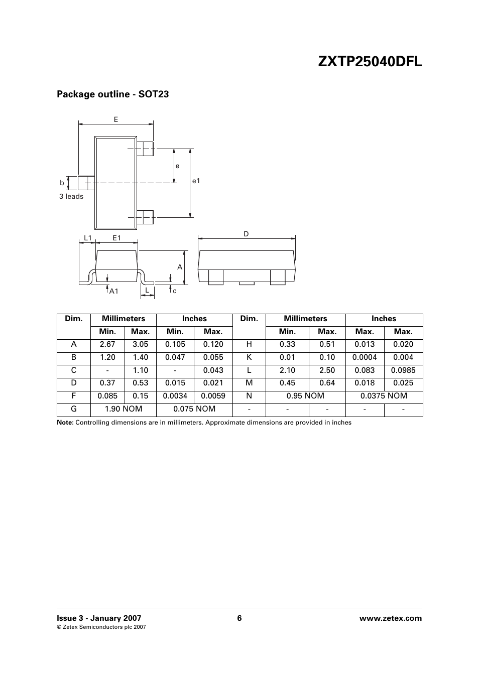 Package outline - sot23 | Diodes ZXTP25040DFL User Manual | Page 6 / 8