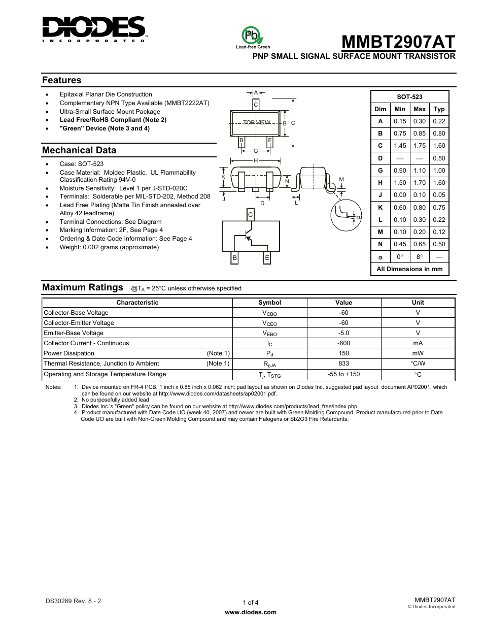 Diodes MMBT2907AT User Manual | 4 pages