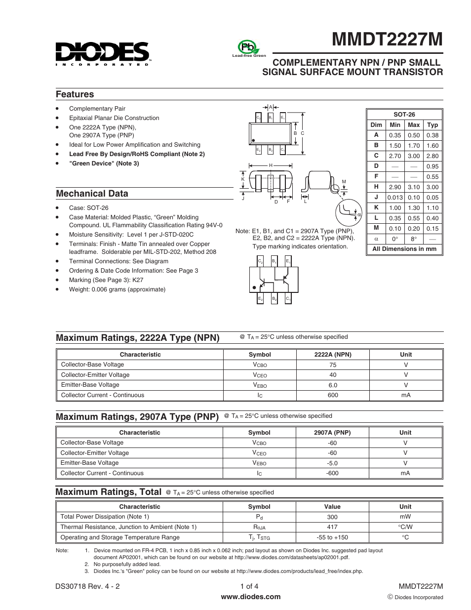Diodes MMDT2227M User Manual | 4 pages