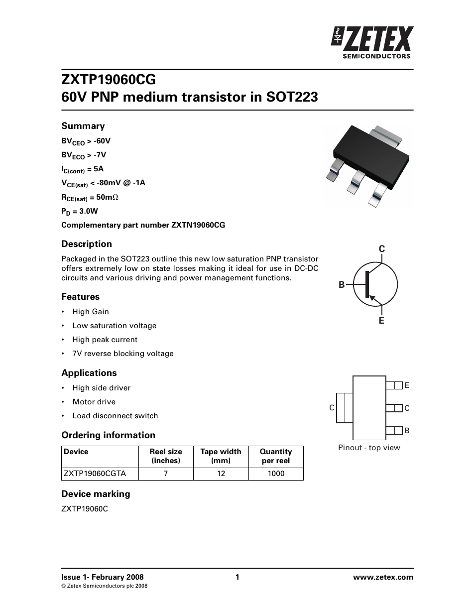 Diodes ZXTP19060CG User Manual | 8 pages