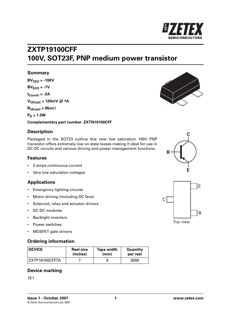 Diodes ZXTP19100CFF User Manual | 8 pages