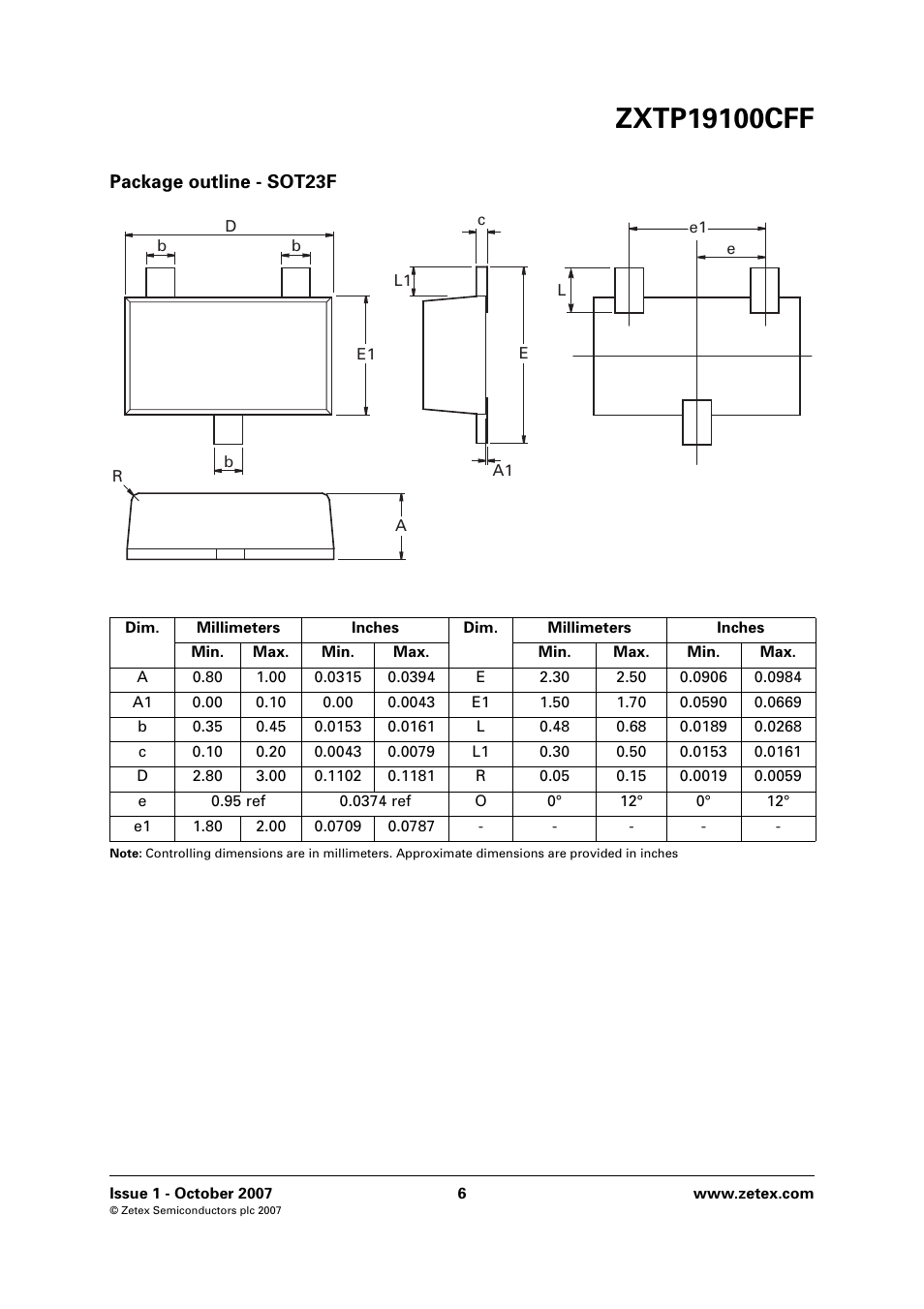 Package outline - sot23f | Diodes ZXTP19100CFF User Manual | Page 6 / 8