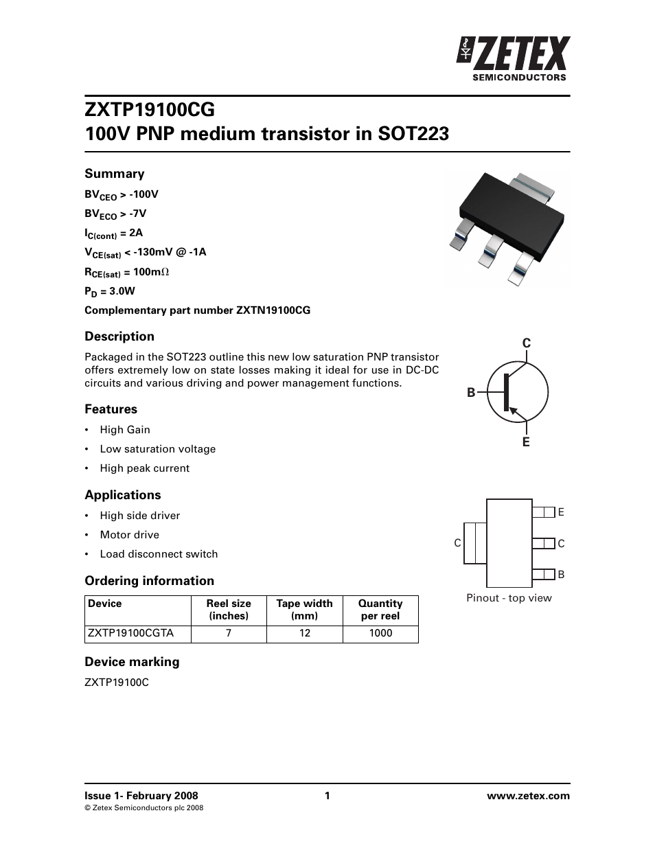 Diodes ZXTP19100CG User Manual | 8 pages