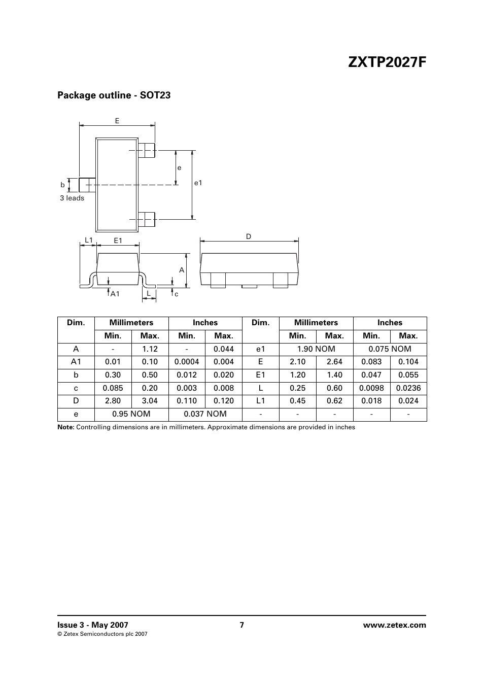 Package outline - sot23, Zxtp2027f | Diodes ZXTP2027F User Manual | Page 7 / 8